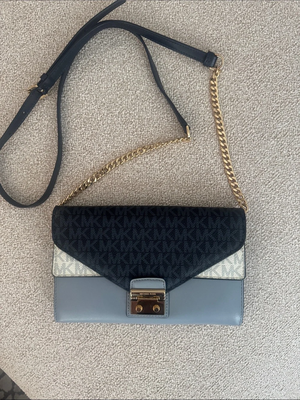 Michael Kors Navy, Light Blue and White Logo Chain Crossbody Bag